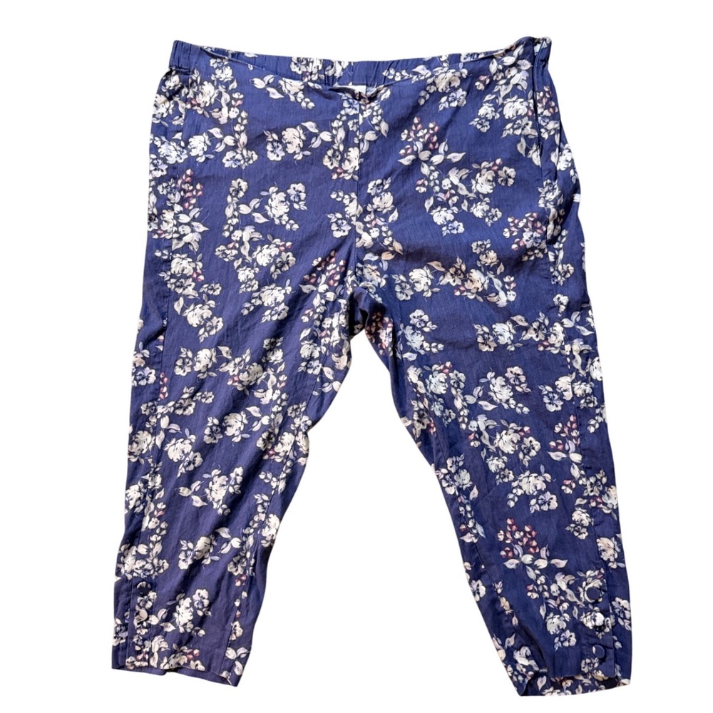 J. Jill Floral Cropped Pants Women 3X Blue Linen Stretch Side Zip Coastal Summer